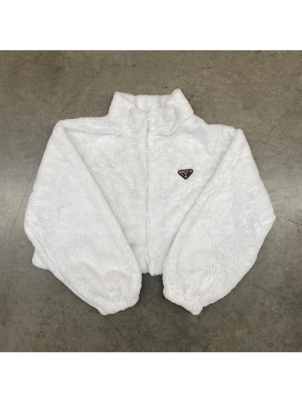 Prada White Faux-Fur Zip Jacket with Logo Patch